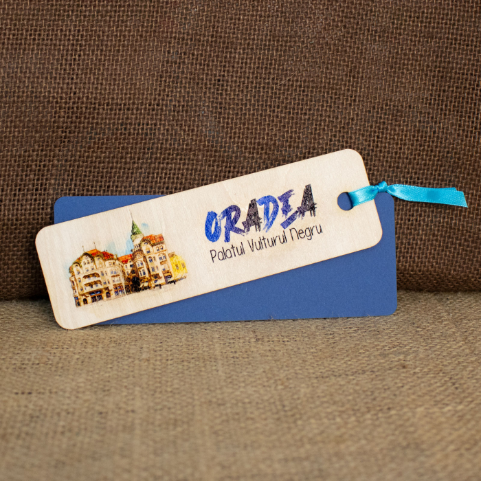 Semn de carte suvenir, din lemn, acuarela, Palatul Vulturul Negru Oradea [2]