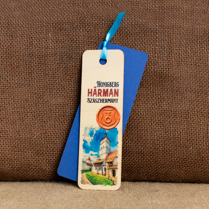 Semn de carte suvenir, din lemn, acuarela, Biserica Evanghelica Fortificata Harman [2]