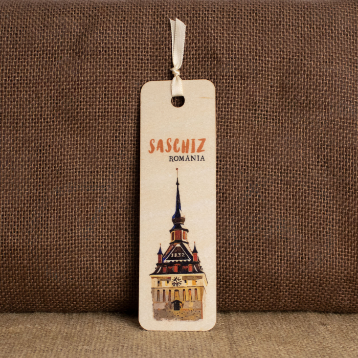Semn De Carte suvenir, Din Lemn, acuarela, Biserica Fortificata Saschiz, Mures [2]