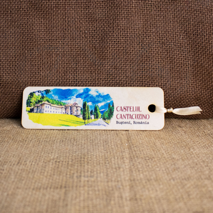 Semn de carte suvenir, din lemn, acuarela, Castelul Cantacuzino, Busteni [1]