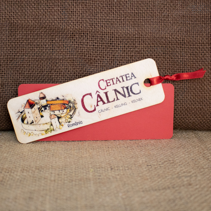 Semn de carte suvenir, din lemn, acuarela, "Cetatea Calnic, judetul Alba" [2]