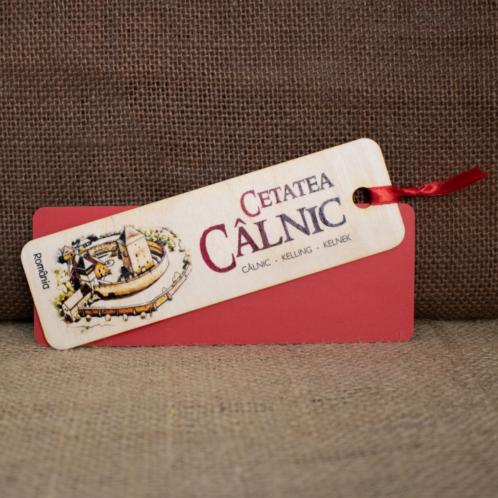 Semn de carte suvenir, din lemn, acuarela, "Cetatea Calnic, judetul Alba" [2]