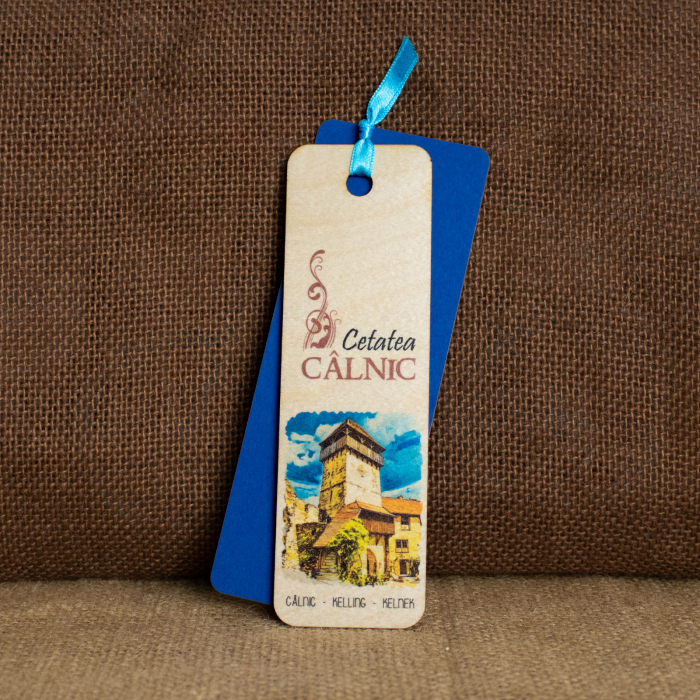 Semn de carte suvenir, din lemn, acuarela, "Cetatea Calnic, Sebes, judetul Alba" [2]
