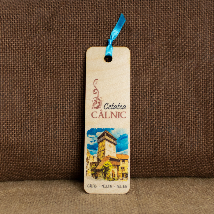 Semn de carte suvenir, din lemn, acuarela, "Cetatea Calnic, Sebes, judetul Alba" [1]