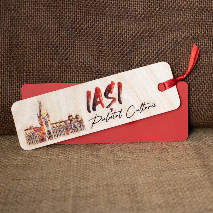 Semn de carte suvenir, din lemn, acuarela, "Palatul Culturii Iasi" [2]