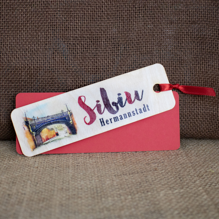 Semn De Carte suvenir, Din lemn, acuarela, Podul Minciunilor, Sibiu [2]