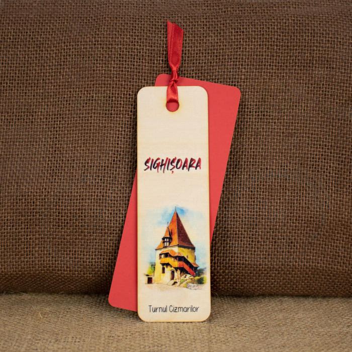 Semn de carte suvenir, din lemn, acuarela, "Turnul Cizmarilor" Sighisoara [2]