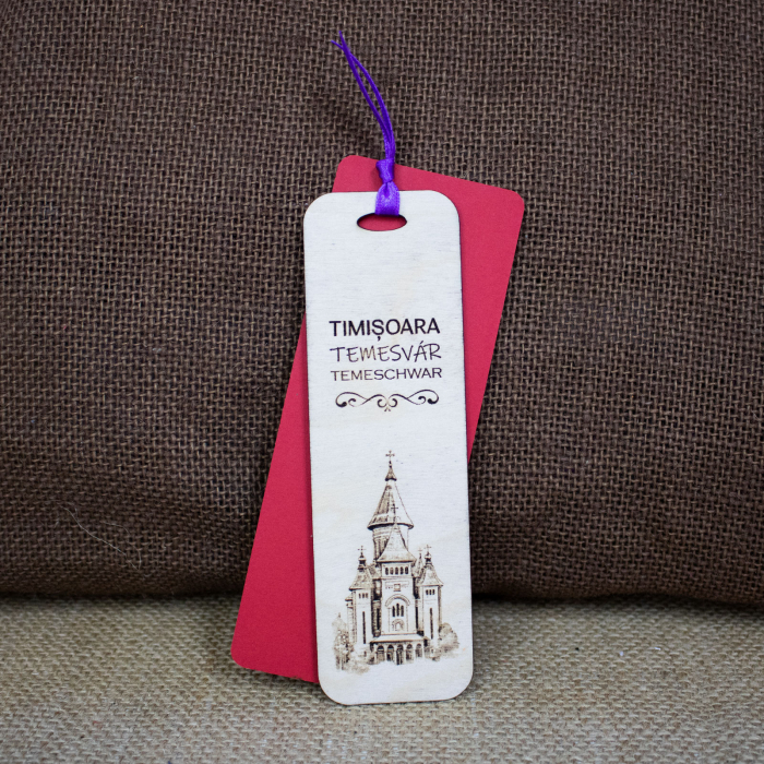 Semn de carte suvenir, din lemn, gravat, "Catedrala Mitropolitana Timisoara" [2]