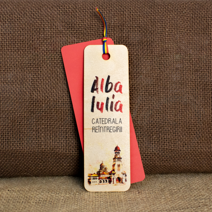 Semn de carte suvenir, din lemn, acuarela vintage, Catedrala Reintregirii, Cetatea Alba Carolina, Alba Iulia [2]