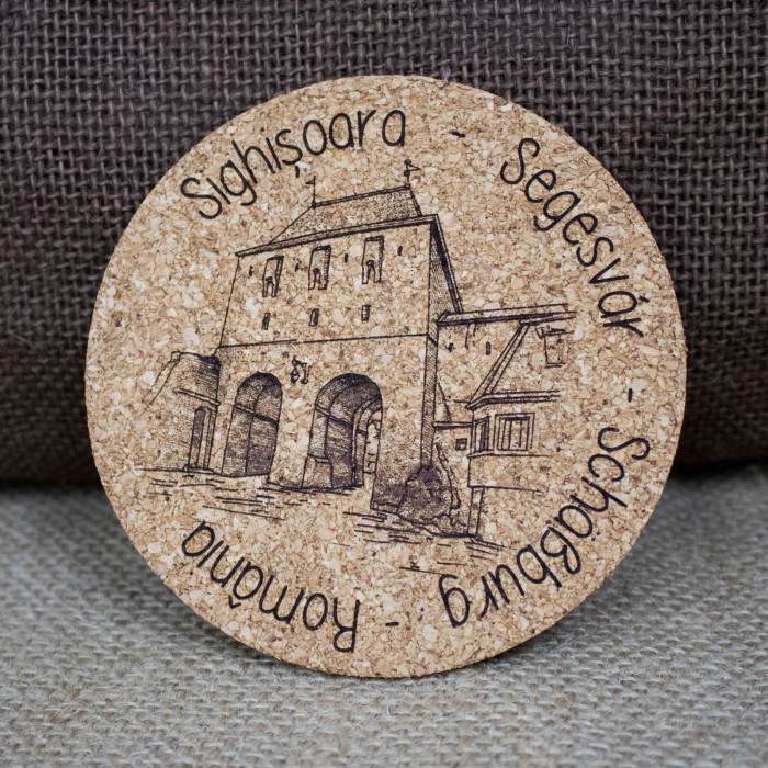 Suport pahare suvenir din pluta, gravat, Cetatea Sighisoara (set 4 bucati) [7]
