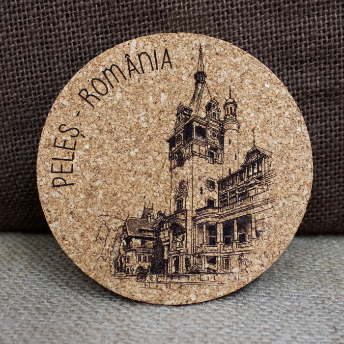 Suport pahare suvenir din pluta, gravat, Peles (set 4 bucati) [5]