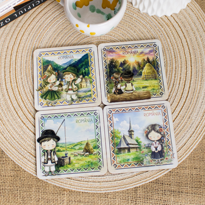 Suport de pahare suvenir, din lemn,  Ilinca la biserica de lemn, Romania [3]