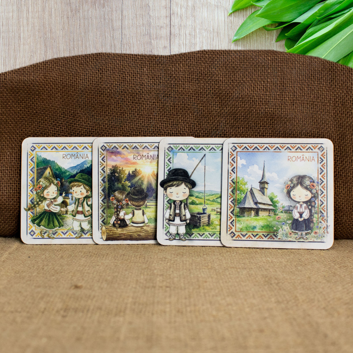 Suport de pahare suvenir, din lemn,  Ilinca la biserica de lemn, Romania [4]