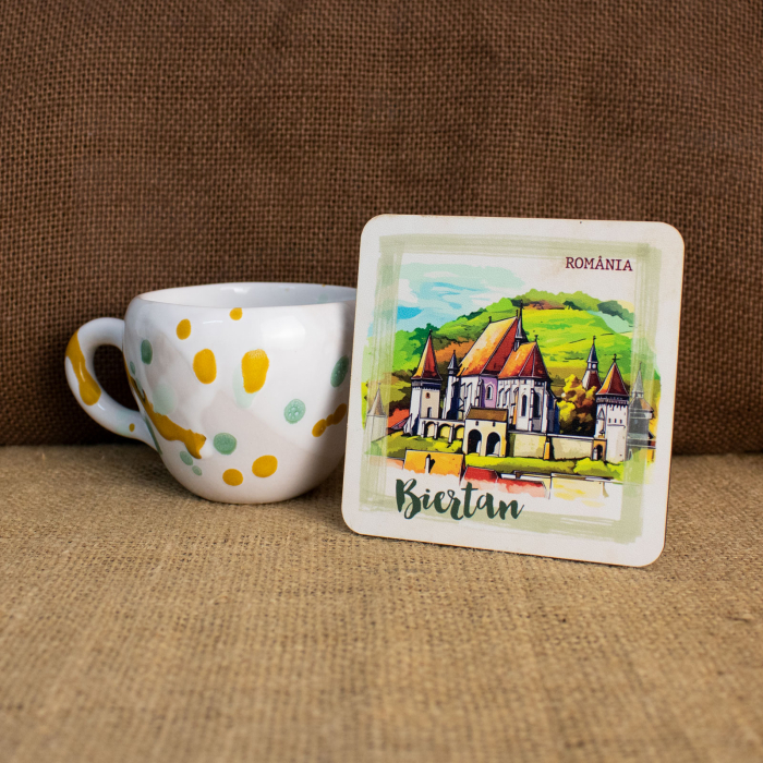Suport pahare suvenir, din lemn, Biserica Fortificata Biertan, Sibiu (set 2 bucati) [4]