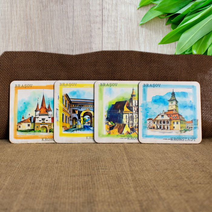 Suport pahare suvenir, din lemn, Brasov (set 4 bucati) [2]
