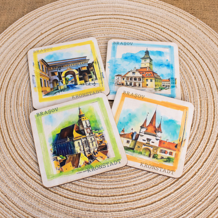 Suport pahare suvenir, din lemn, Brasov (set 4 bucati) [3]