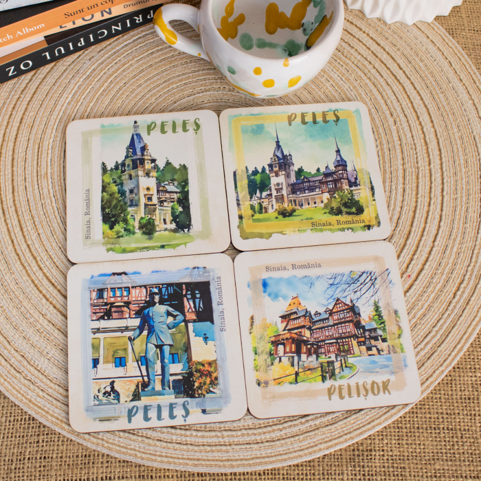 Suport pahare suvenir, din lemn, Castelul Peles (set 4 bucati) [2]