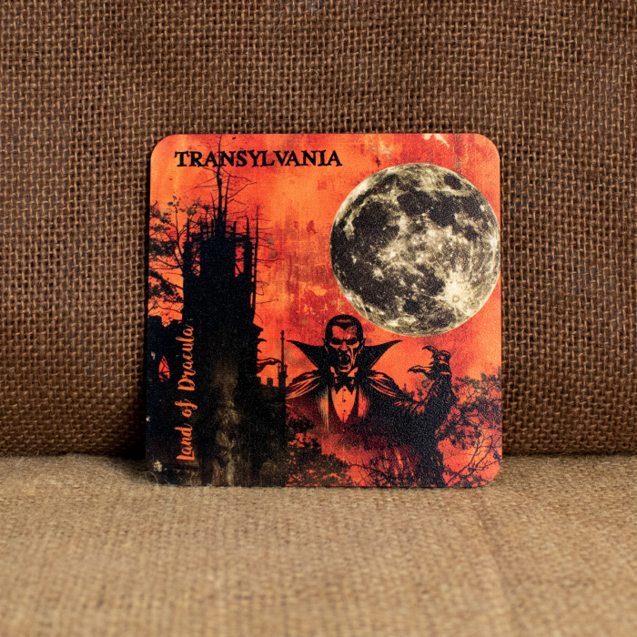Suport pahare suvenir, din lemn, Mitul Dracula, Transylvania, Romania (set 4 bucati) [5]