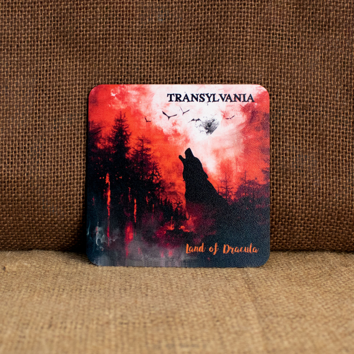 Suport pahare suvenir, din lemn, Mitul Dracula, Transylvania, Romania (set 4 bucati) [2]
