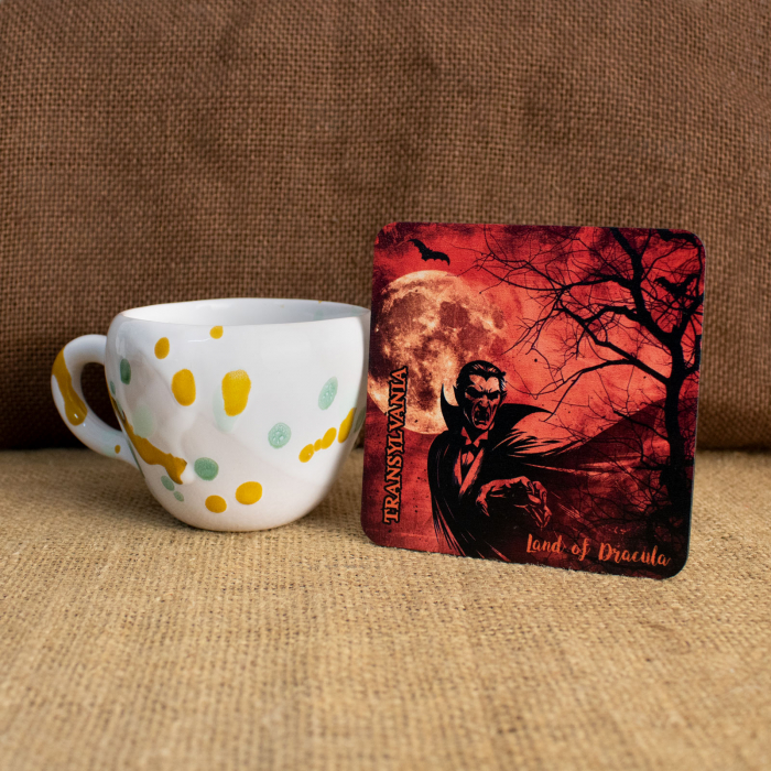 Suport pahare suvenir, din lemn, Mitul Dracula, Transylvania, Romania (set 4 bucati) [6]