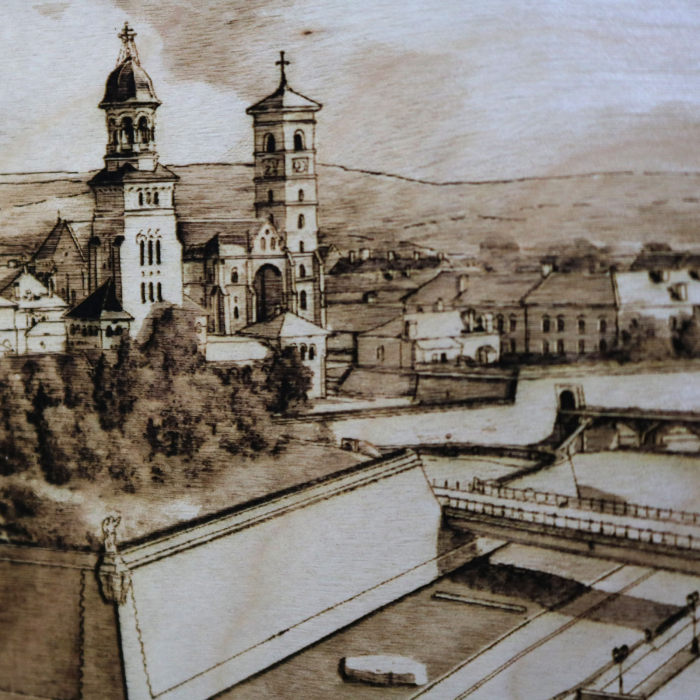 Tablou suvenir din lemn, gravat, Cetatea Alba Carolina, Alba Iulia, dimensiune 10/15, rama inclusa [2]