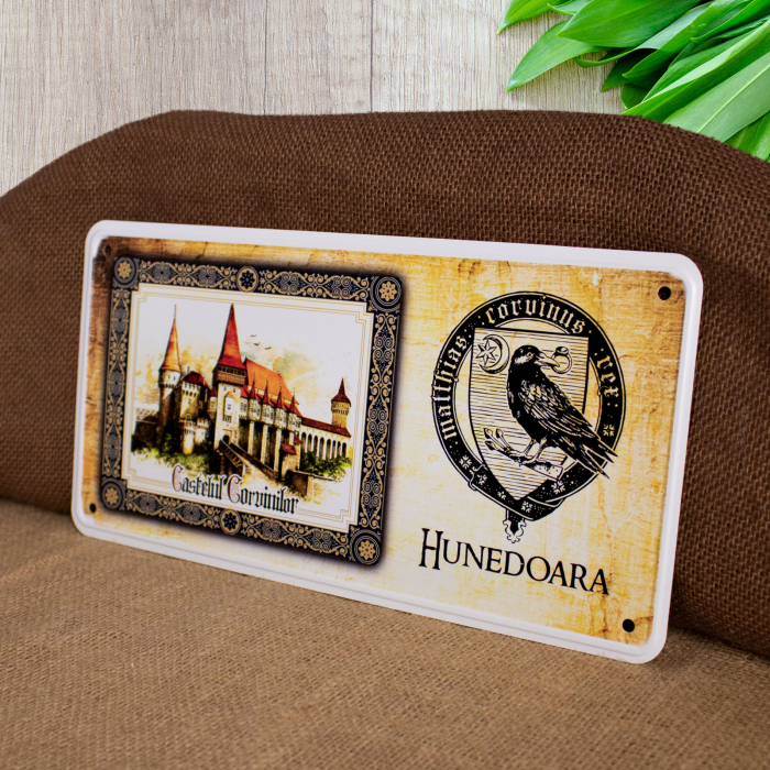 Tablou metalic decorativ suvenir, acuarela, "Visit Castelul Corvinilor Hunedoara" [3]