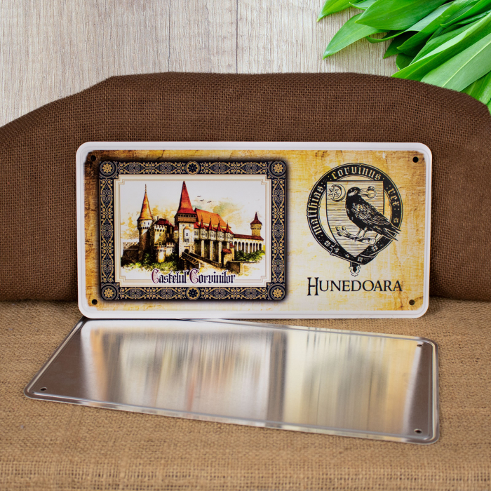 Tablou metalic decorativ suvenir, acuarela, "Visit Castelul Corvinilor Hunedoara" [4]