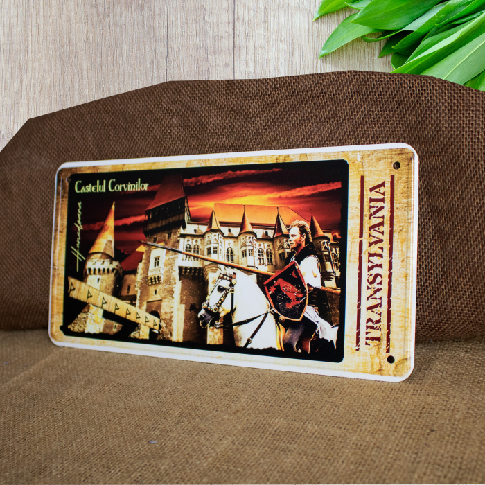 Tablou metalic decorativ suvenir - cavaler "Visit Castelul Corvinilor Hunedoara" [4]