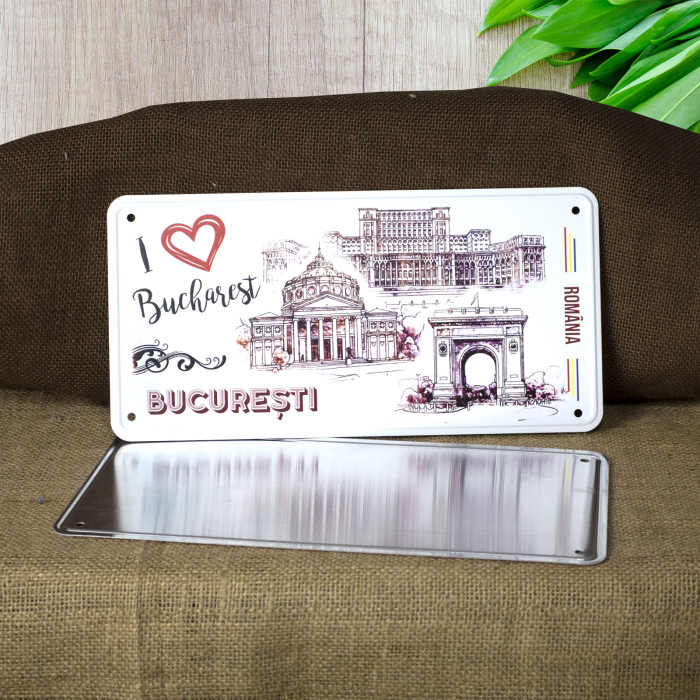 Tablou metalic decorativ suvenir, I Love Bucuresti [2]