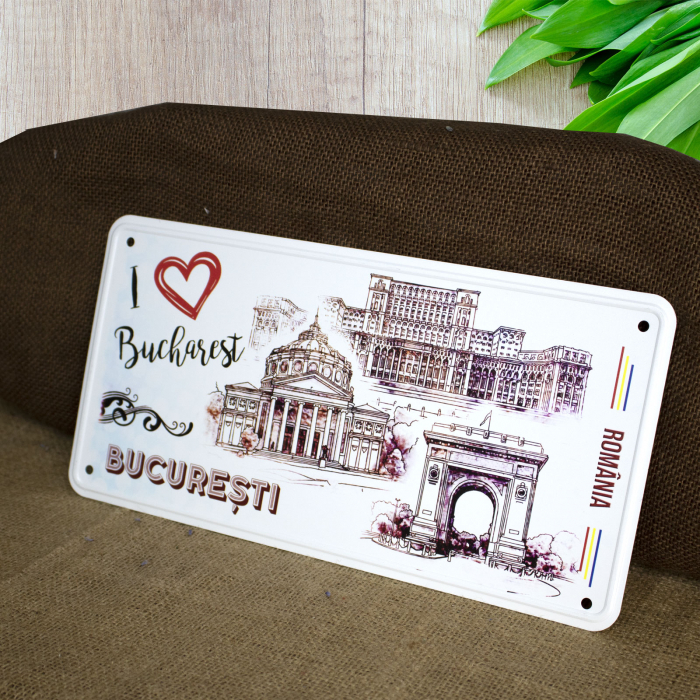 Tablou metalic decorativ suvenir, I Love Bucuresti [3]