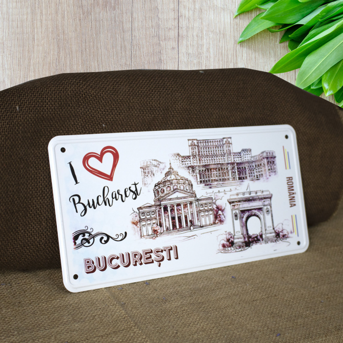 Tablou metalic decorativ suvenir, I Love Bucuresti [4]