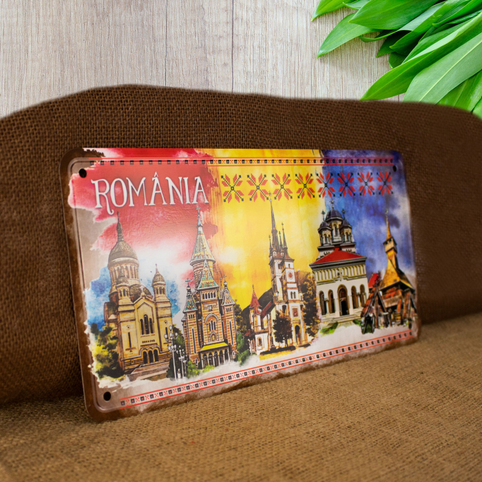 Tablou metalic decorativ suvenir, Visit Romania [3]