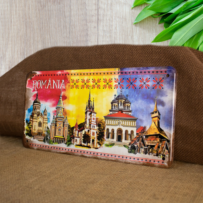 Tablou metalic decorativ suvenir, Visit Romania [4]