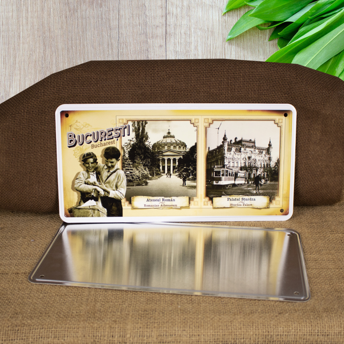 Tablou metalic decorativ, vintage, "Ateneul Roman" si "Palatul Sturdza" Bucuresti [2]
