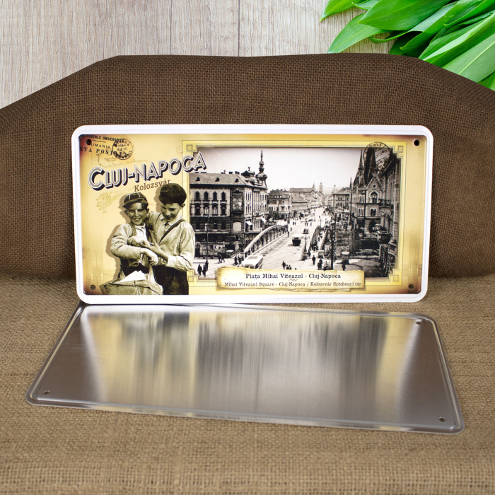 Tablou metalic decorativ suvenir, vintage "Piata Mihai Viteazul" - Cluj Napoca [2]