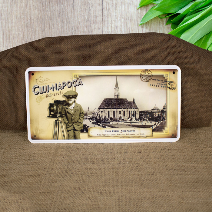 Tablou metalic decorativ suvenir, vintage "Piata Unirii" - Cluj Napoca [1]