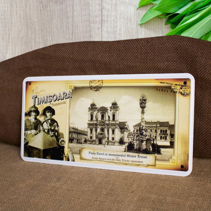 Tablou metalic decorativ, vintage "Piata Unirii si Monumentul Sfintei Treimi", Timisoara [3]