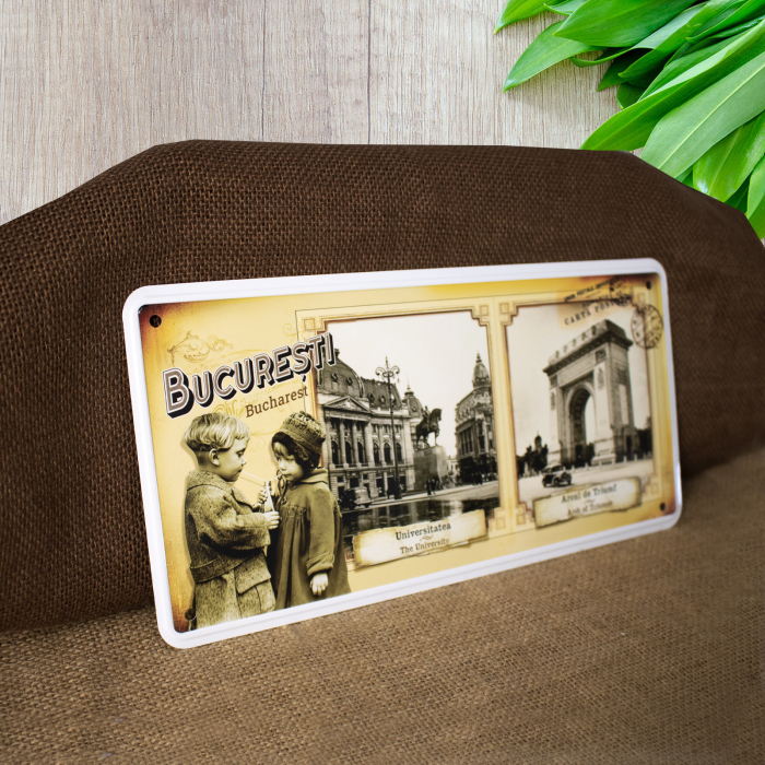 Tablou metalic decorativ, vintage, "Universitatea" si "Arcul de Triumf" Bucuresti [4]