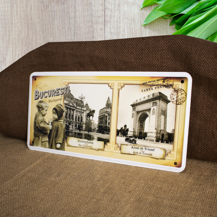 Tablou metalic decorativ, vintage, "Universitatea" si "Arcul de Triumf" Bucuresti [3]