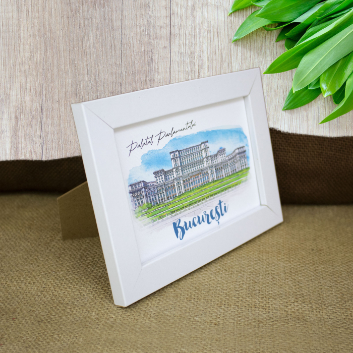 Tablou suvenir, acuarela, Palatul Parlamentului Bucuresti, dimensiune 10 x15 cm, rama inclusa [3]