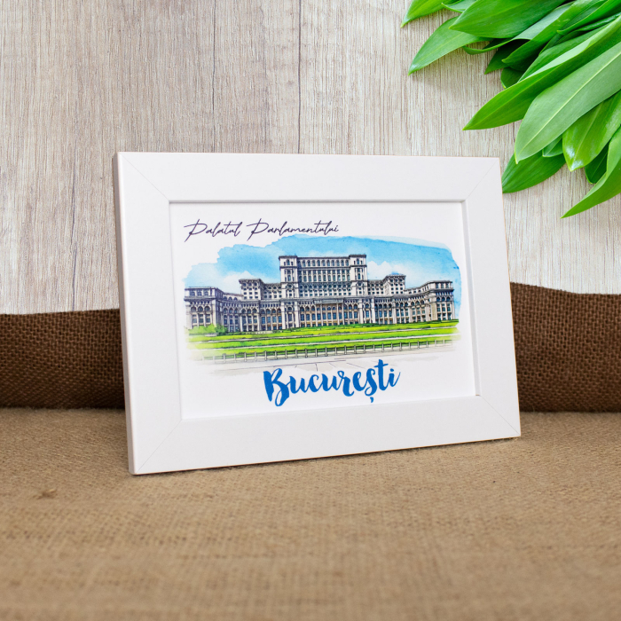 Tablou suvenir, acuarela, Palatul Parlamentului Bucuresti, dimensiune 10 x15 cm, rama inclusa [2]