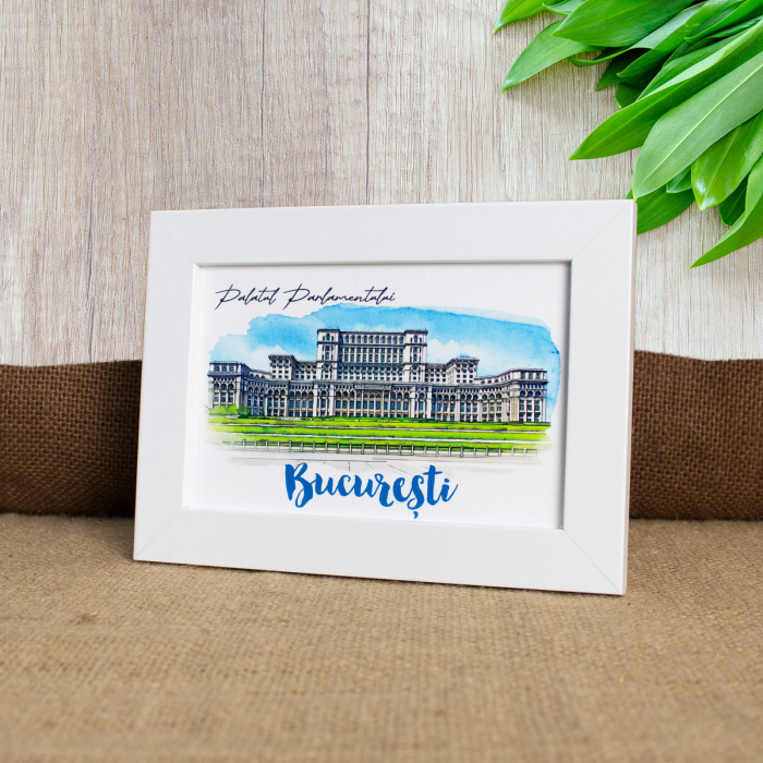 Tablou suvenir, acuarela, Palatul Parlamentului Bucuresti, dimensiune 10 x15 cm, rama inclusa [3]