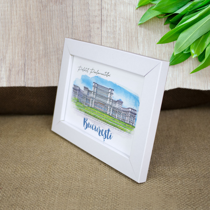 Tablou suvenir, acuarela, Palatul Parlamentului Bucuresti, dimensiune 10 x15 cm, rama inclusa [2]
