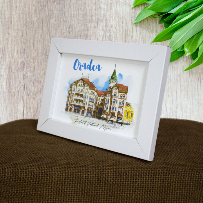 Tablou suvenir, acuarela, Palatul Vulturul Negru, Oradea, dimensiune 10 x15 cm, rama inclusa [2]