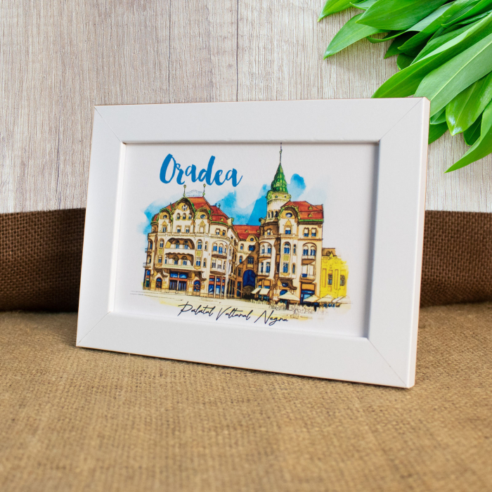 Tablou suvenir, acuarela, Palatul Vulturul Negru, Oradea, dimensiune 10 x15 cm, rama inclusa [3]