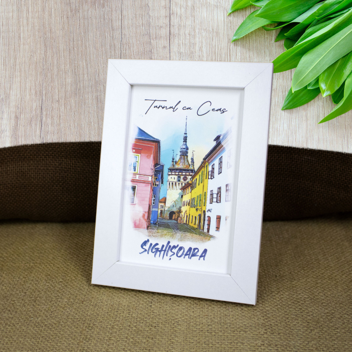 Tablou suvenir, acuarela, Turnul cu ceas Sighisoara, dimensiune 10 x15 cm, rama inclusa [2]