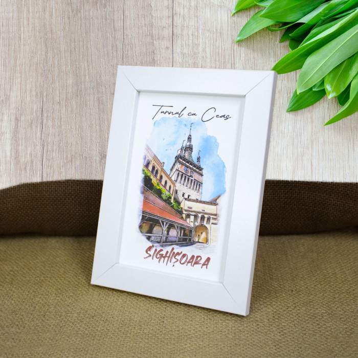 Tablou suvenir, acuarela, Turnul cu ceas Sighisoara, dimensiune 10 x15 cm, rama inclusa [2]