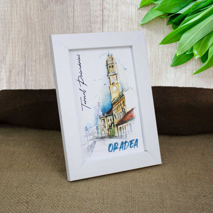Tablou suvenir, acuarela, Turnul Primariei Oradea, dimensiune 10 x15 cm, rama inclusa [2]