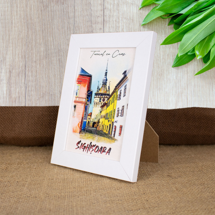 Tablou suvenir, din lemn, acuarela, Turnul cu ceas Sighisoara, dimensiune 10 x15 cm, rama inclusa [3]