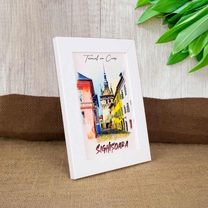 Tablou suvenir, din lemn, acuarela, Turnul cu ceas Sighisoara, dimensiune 10 x15 cm, rama inclusa [2]
